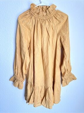 Ephemera Ruffle High Neck Linen Garland Smock Dress in Mustard US size 6
